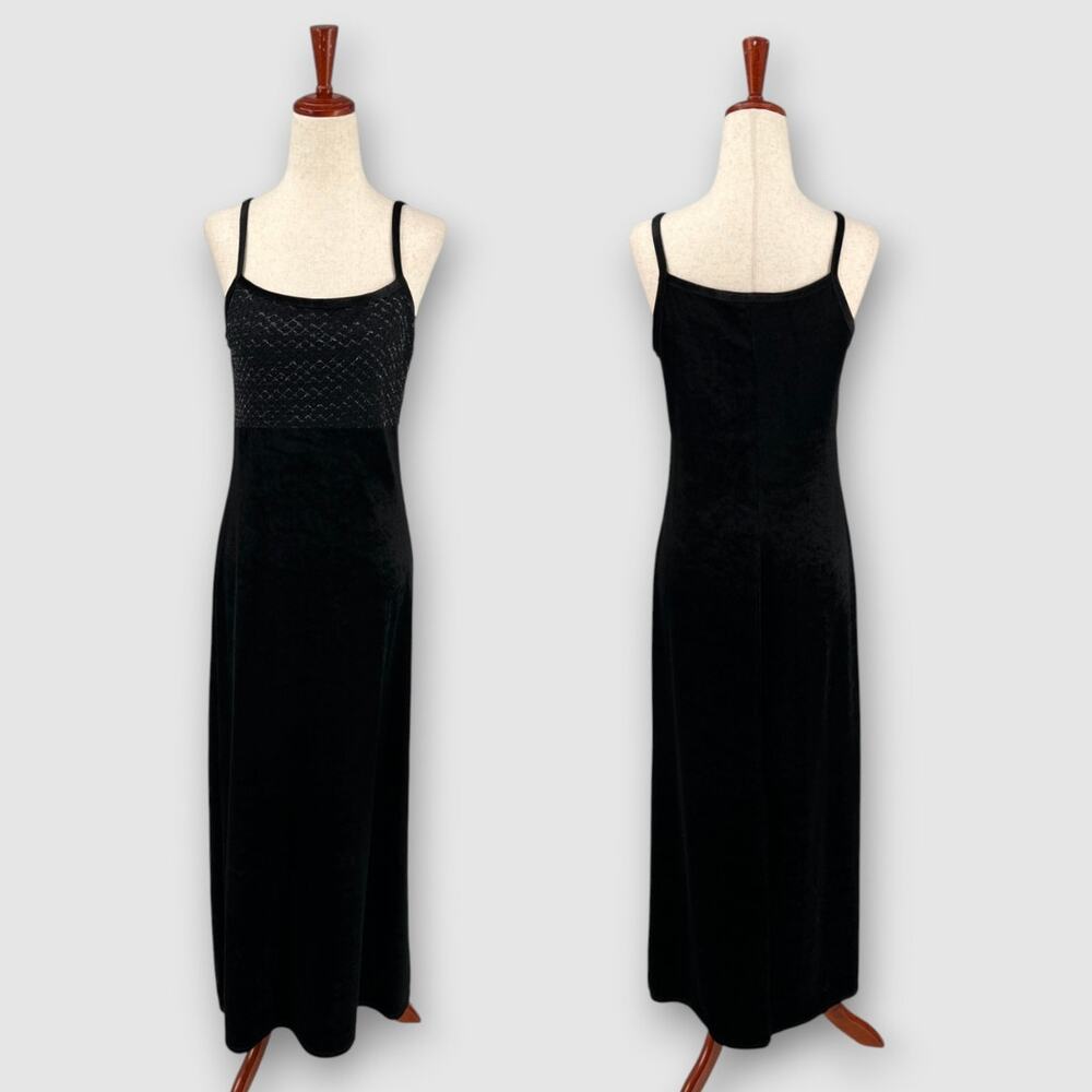 90s Vintage Jumping Joy Black Velvet Metallic Fishnet Bodice Maxi Dress Medium